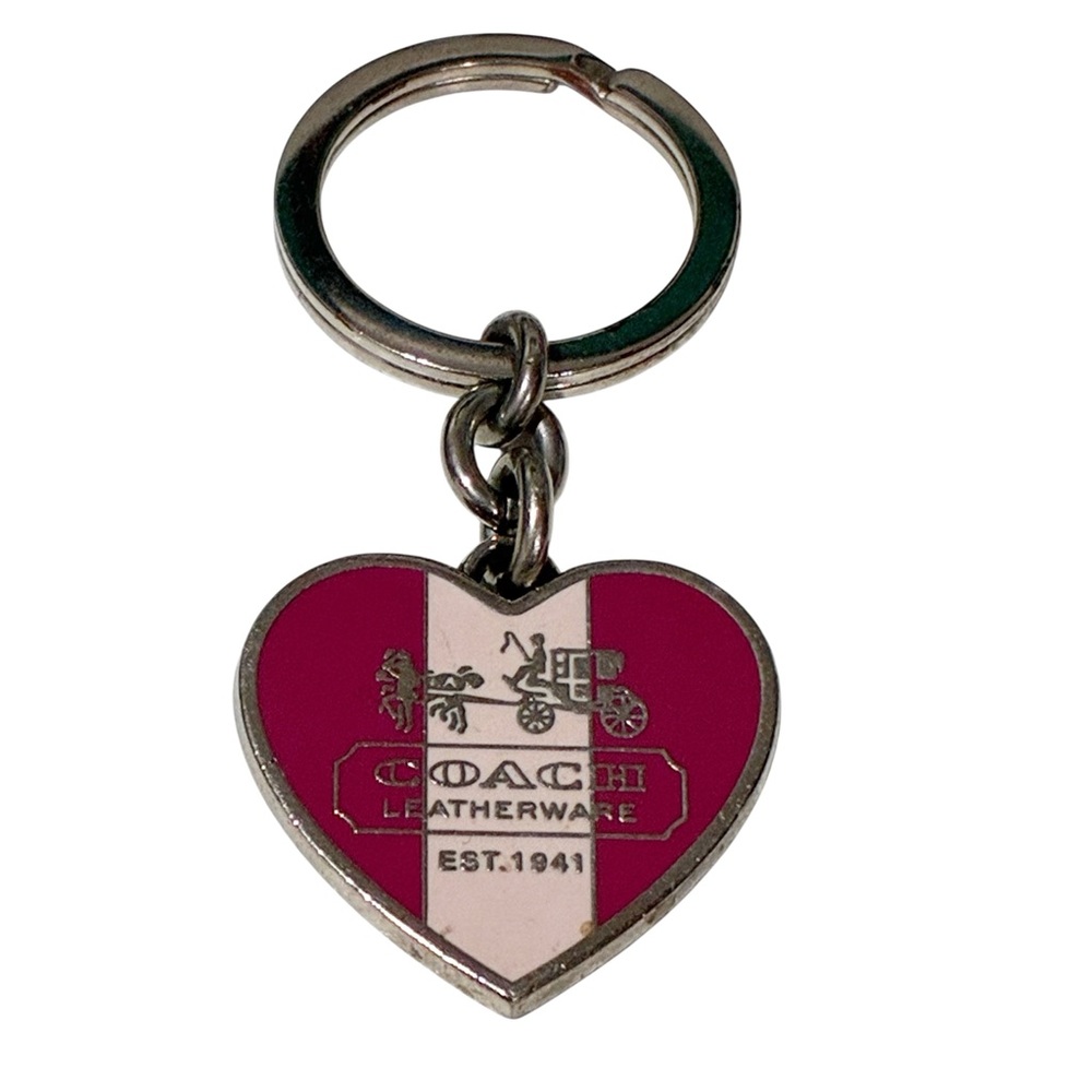 Coach Heritage Heart Keychain SilverTone Pink Stripe‎ Bag Charm